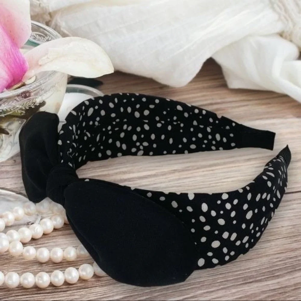 Retro Polka Dot Knot Headband Black White‎ Wide Fabric Hair Accessory